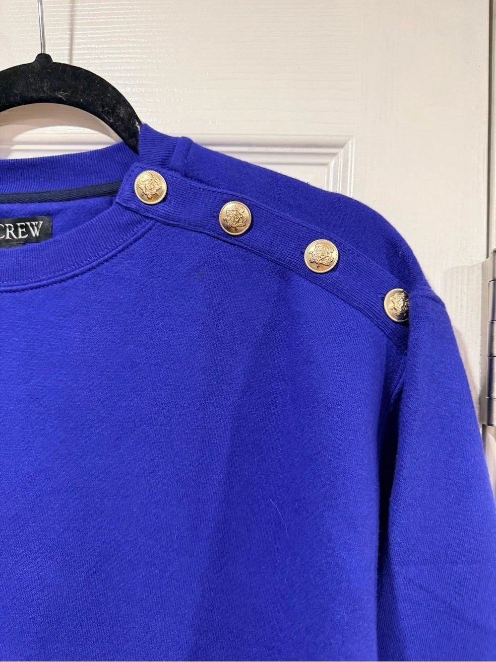 NWOT J.Crew Size M Royal Blue Button Shoulder Sweatshirt Crewneck Pullover Top
